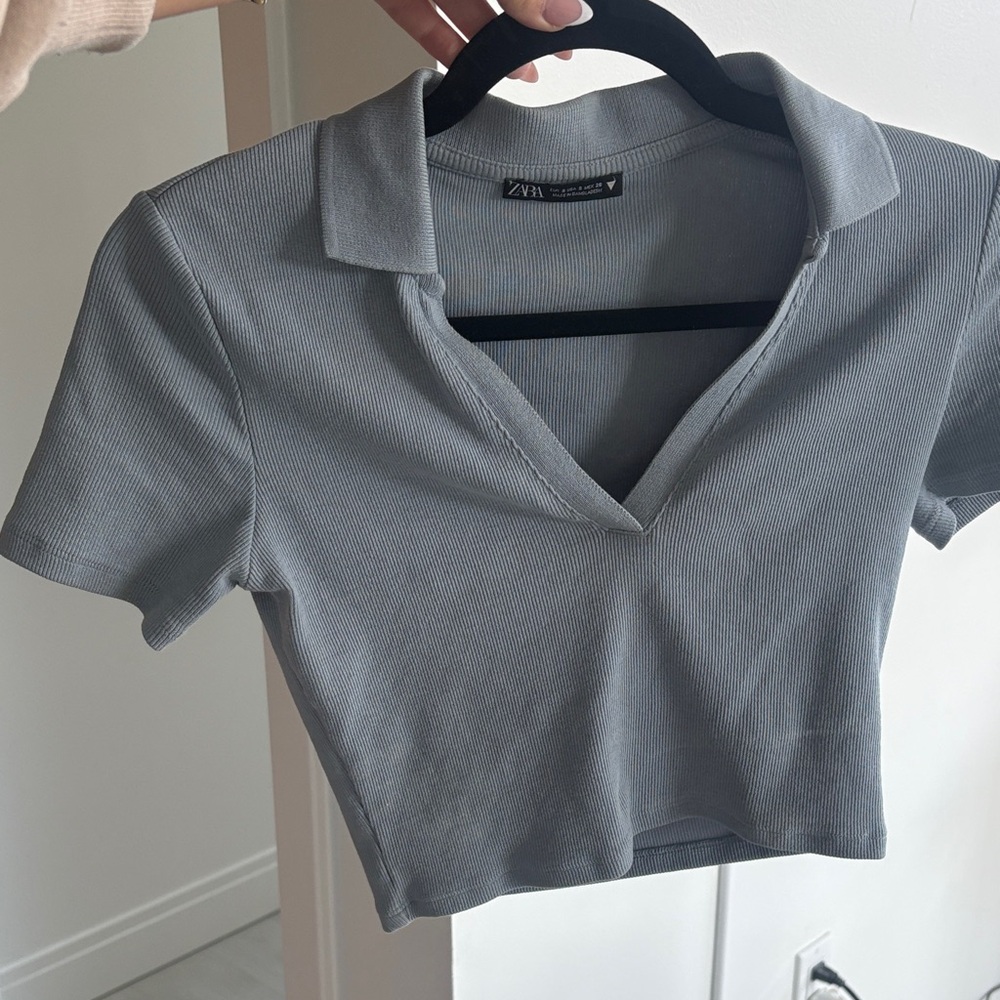 Zara Light Gray Ribbed Polo Crop Top